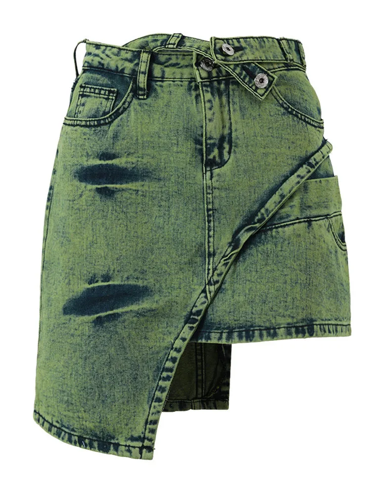 

Newest Fashion Runway 2023 Designer Women's Irregular Stitching Washed Denim Skirt