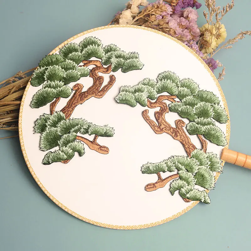 1Pc Pine Tree Embroidery Iron On Fabric Patch Chinese Style Size Clothing Sticker Repair Back Glue DIY Fashion Jeans Decoration