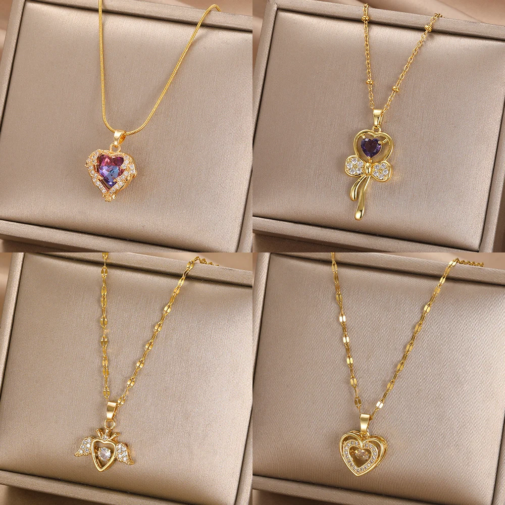 

Zircon Love Heart Pendant Necklaces For Women Romantic Wedding Clavicle Chain Hollow Spades Necklace Female Jewelry Party Gifts