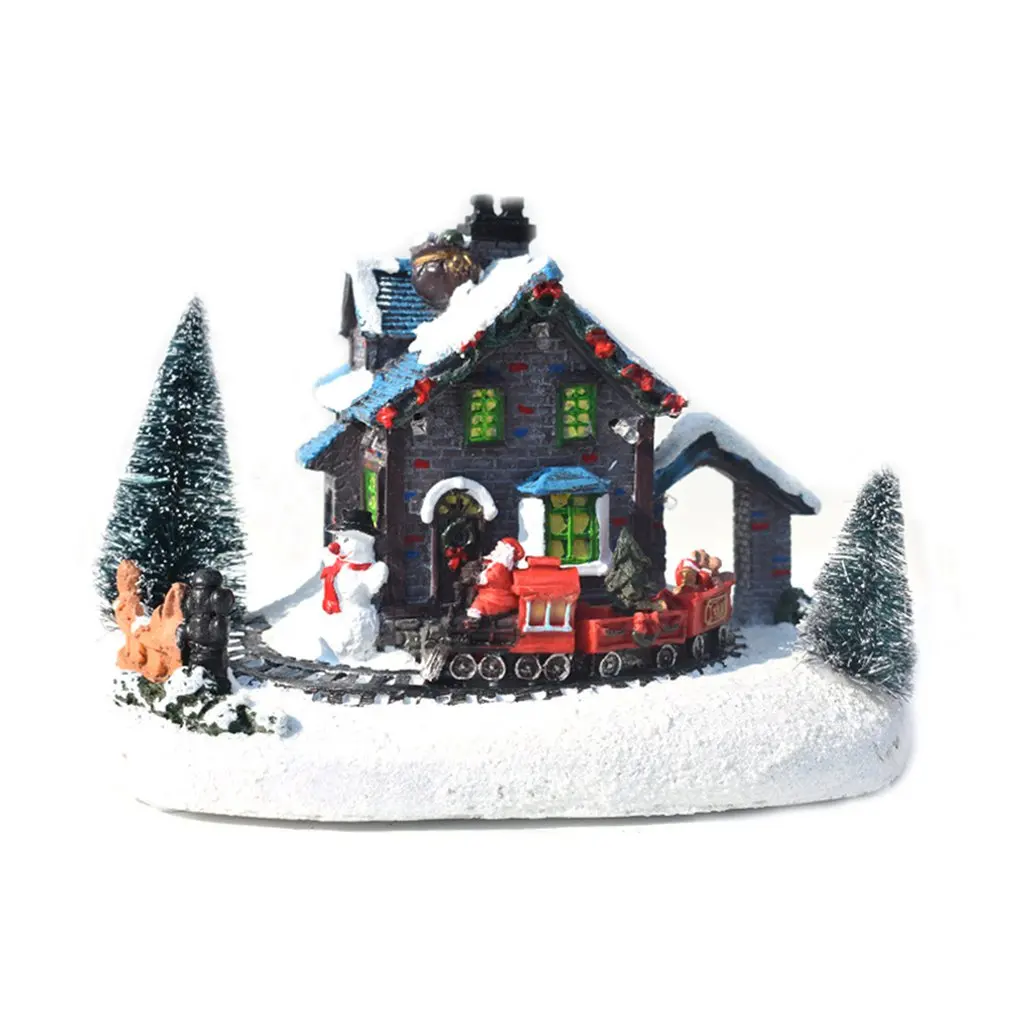 

Christmas Village Figurines LED Lights Small Train Christmas Village House Luminous Landscape Figurines Resin Desktop Ornament
