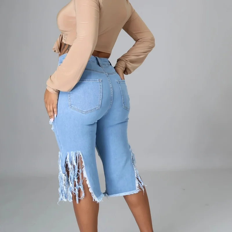 Sexy Women Jeans Hole Ripped Tassle Low Waist Elastic Flare Knee Length Denim Pants indie Fashion High Street Trousers 2023