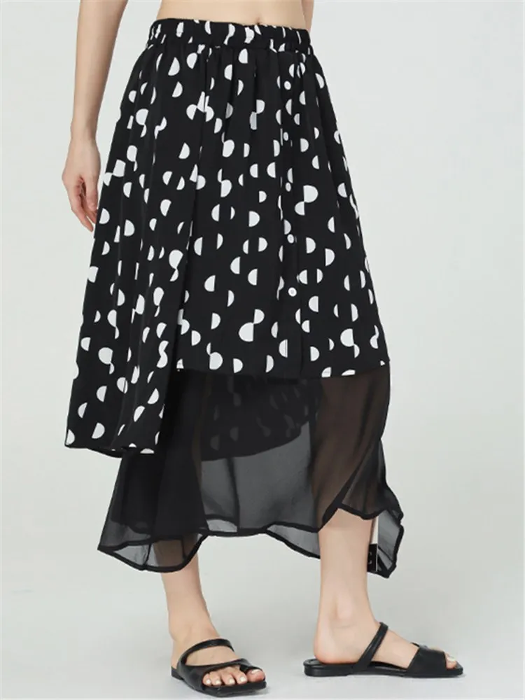 

Irregular Mesh Spliced Elastic High Waist Print Skirt 2022 Summer Women Streetwear Fashion Loose Big Swing Long Skirts 2058