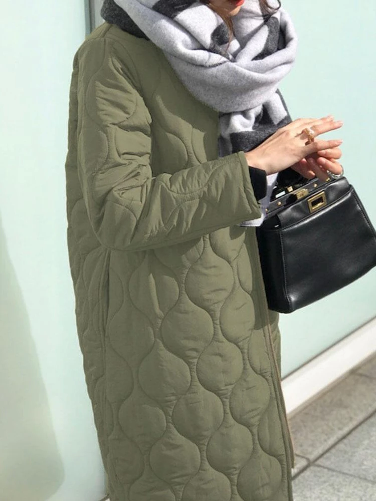 Women's Winter Jacket 2023 Zipper Green Loose Warm Plaid Top V-Neck Casual Streetwear Light Long Quilted Coats Female Cardigan enlarge