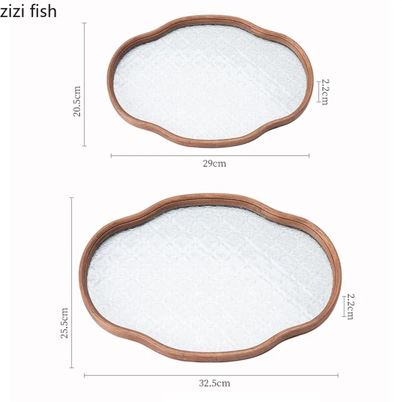 Винтажный стеклянный бамбуковый поднос для чая фруктов торта стеклянные подносы