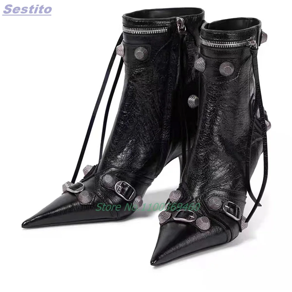 

Rivet Fring Buckle Ankle Boots Pointed Toe Stiletto High Heel Side Zipper Black Solid Color Sexy European Style Cool Women Shoes