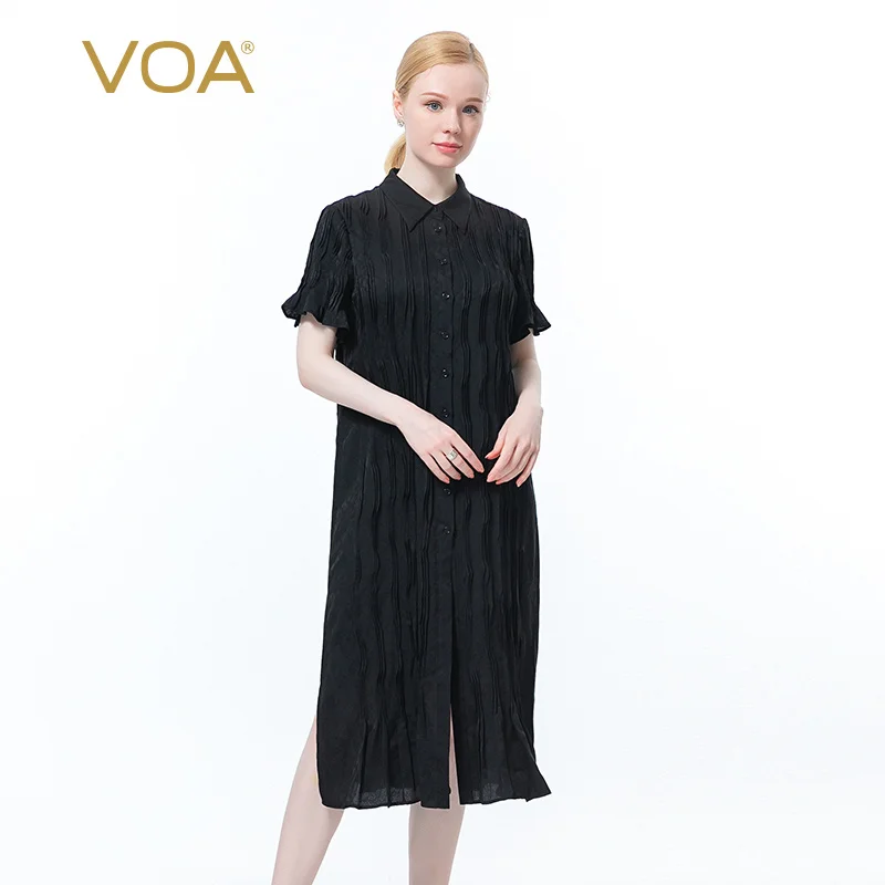 

VOA Silk Jacquard Black POLO Collar Short Sleeve Shirt Skirt with Three-dimensional Wavy Fold Design Casual Summer Dress AE912