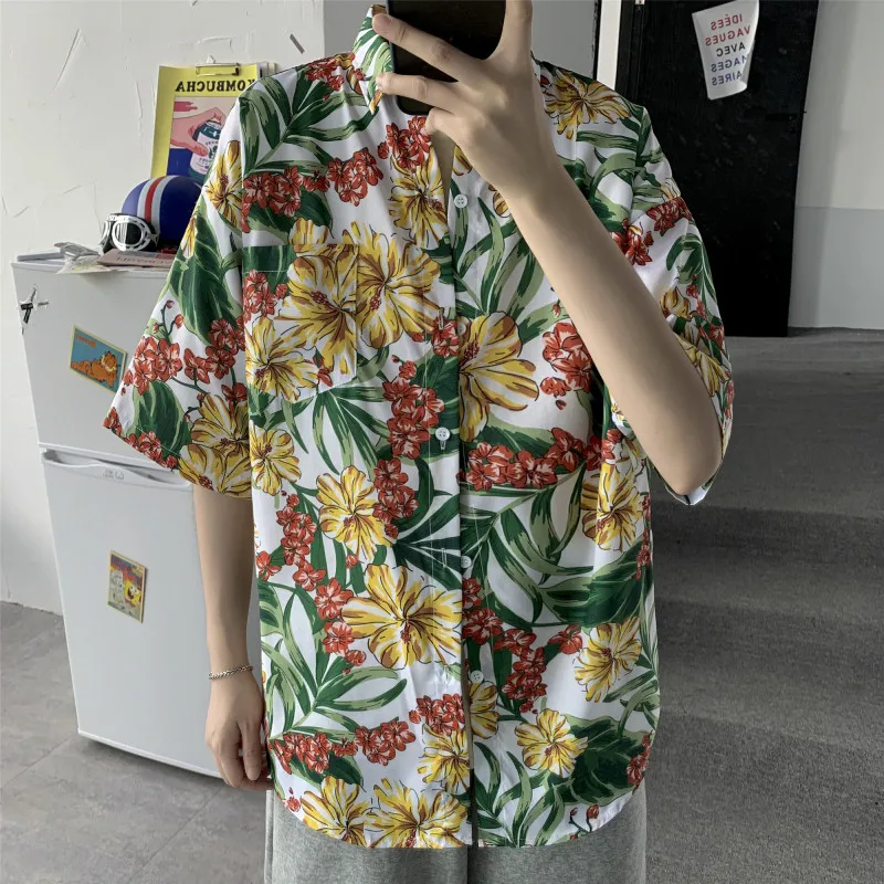 

Men's Summer Shirt Beach Style Green Leaf Printed Hawaiian Shirt Casual Short Sleeved Lapel Top