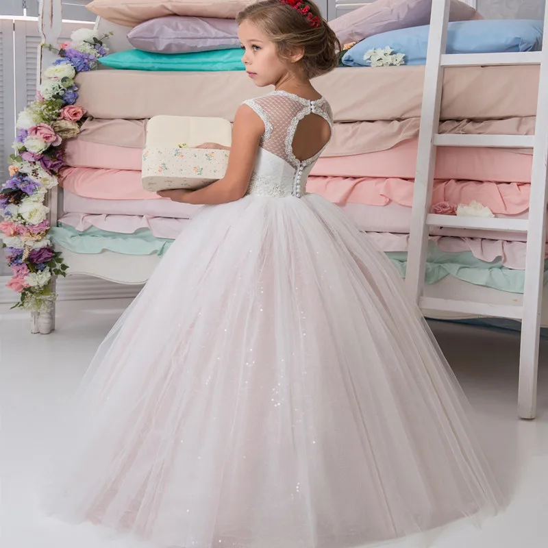 

First Communion Dresses Sleeveless Lace Leaky Back Printed Princess Flower Girl Dress Wedding Party Ball Dream Kids Gift