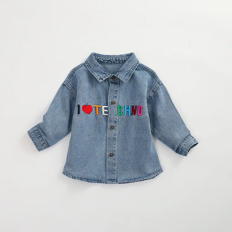 Korean Autumn Toddler Baby Girl Denim Shirts Tops Long Sleeve Cowboy Kids Jacket Girls Shirts 1-4 Years Girl Letter Warm Clothes