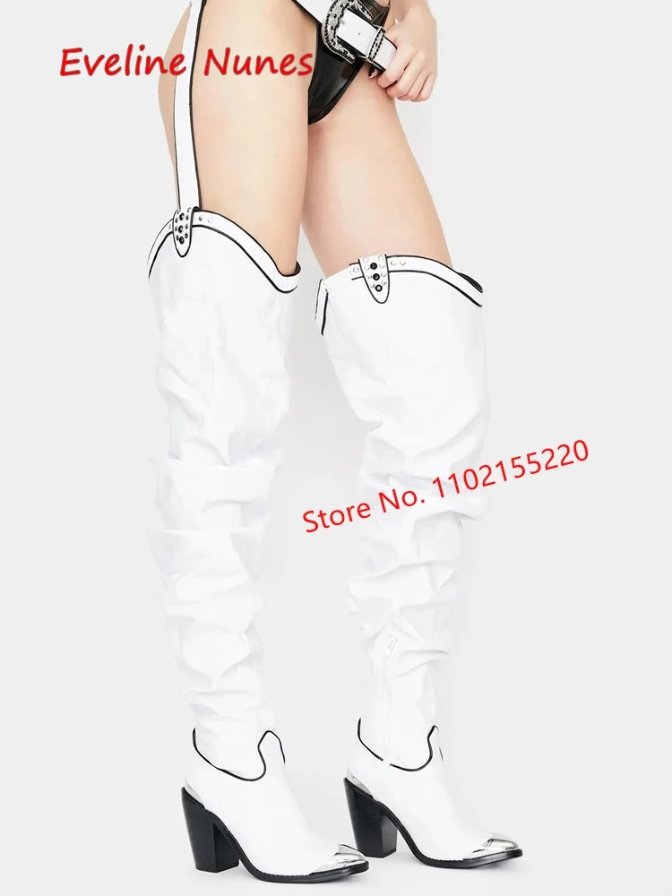 Winter White Fashion Boots 2022 Women's Leather Mixed Colors Buckle Pointed Toe Chunky Heel Sexy Plus Size Catwalk Shoes