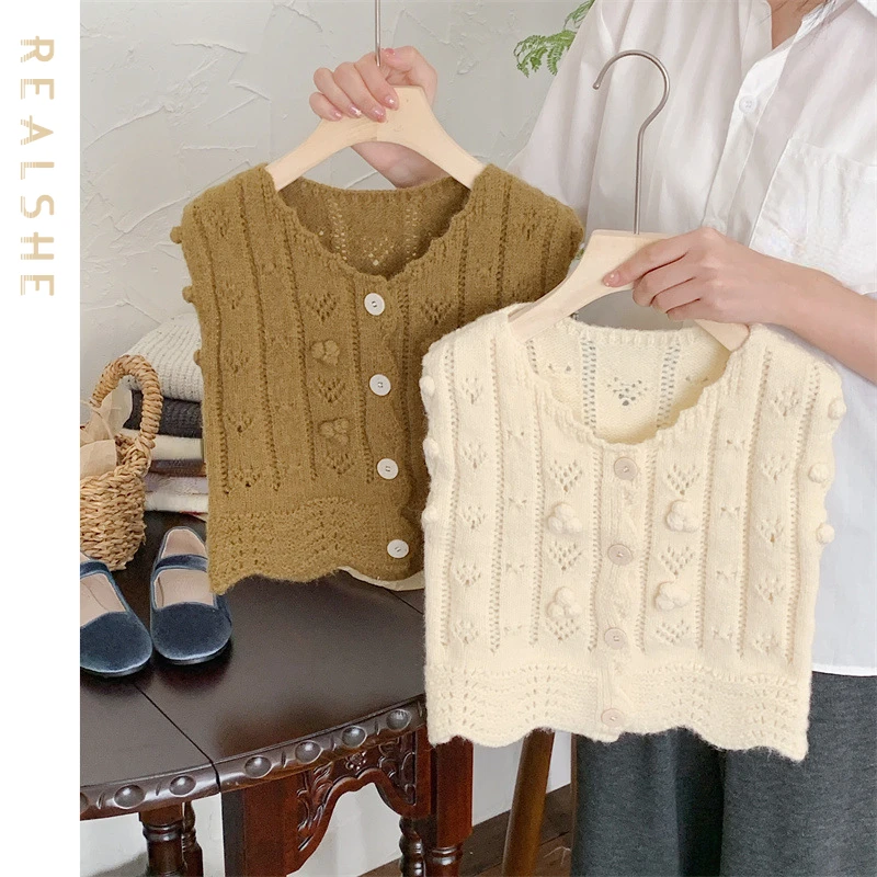 

Spring Autumn Baby Girls Sweater 2023 Toddler Girls Solid Color Hollow Knitted Cardigan Vest Toddlers Kids Korean Style Sweater
