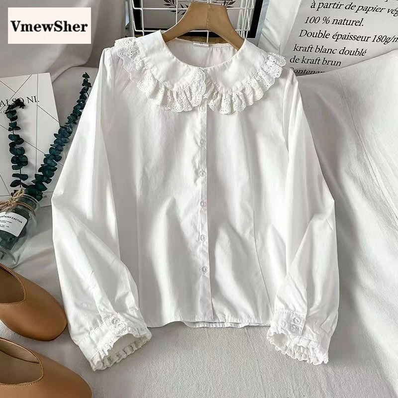 

VmewSher New Spring Summer Women's Clothing Lace Peter Pan Collar Shirt Long Sleeve Single Breasted Chic Solid Girls Sweet Tops
