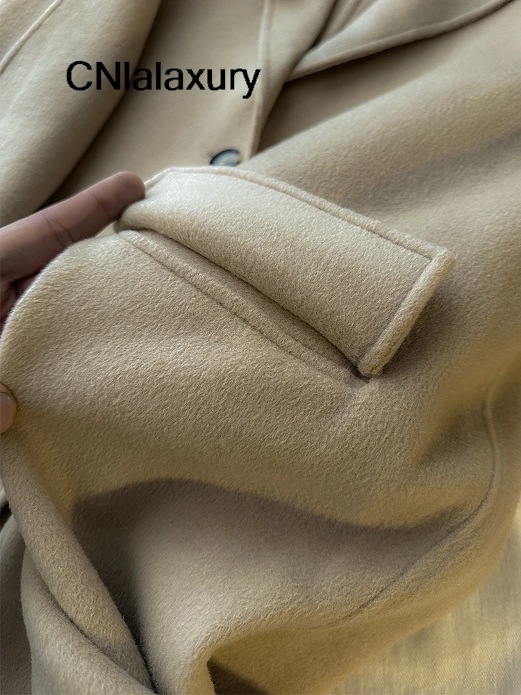 Зимнее шерстяное пальто женское свободное верхняя одежда с длинными рукавами и