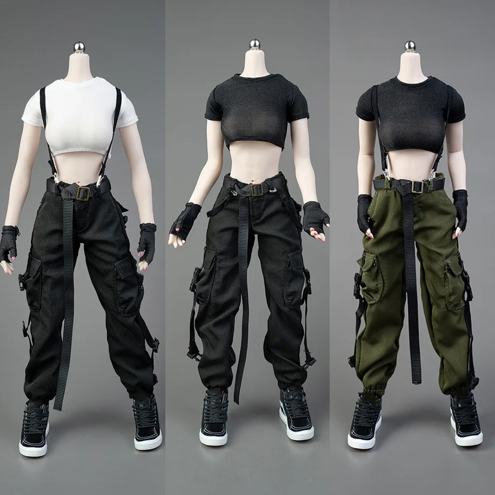 

Ic1005 1/6 Female Soldier Functional Cargo Pants Hip Hop Streetwear Pants Crop Tops Overall Black Belted For 12" Action Figure