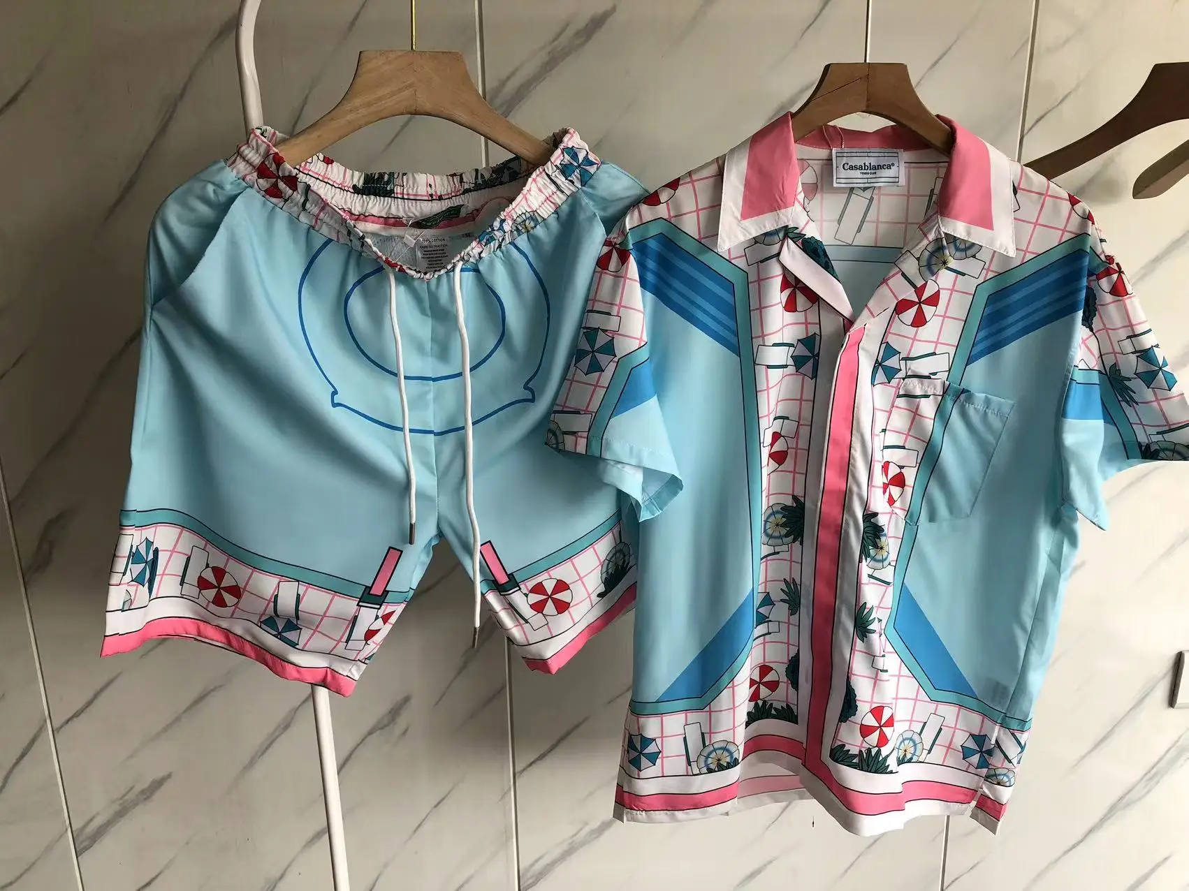 

HIgh Quality Blue Patchwork Casablanca Shirts Men Women Summer Style Top Tee Shirt