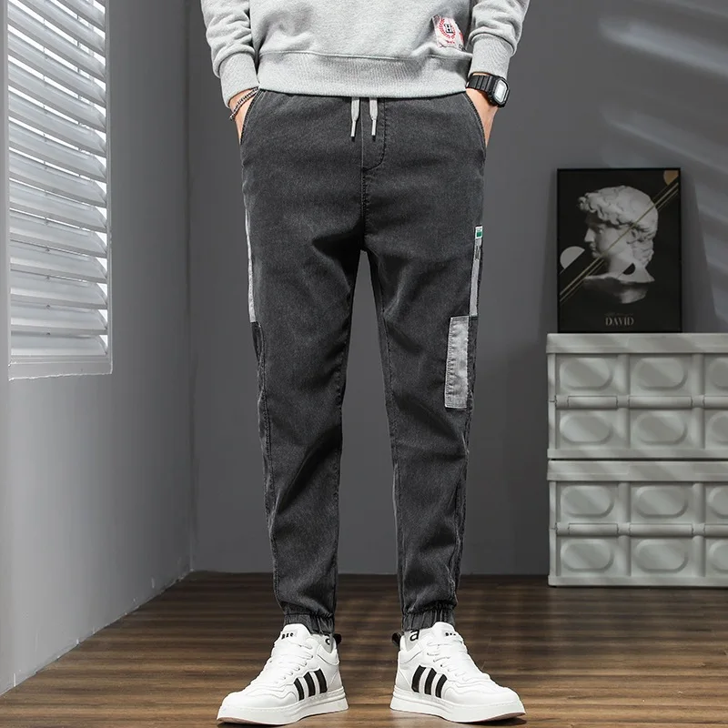 Jeans Ankle leg-tied Men Drawstring Loose Leg pants Korean style casual Harlan pants Lage size trousers  denim  streetwear