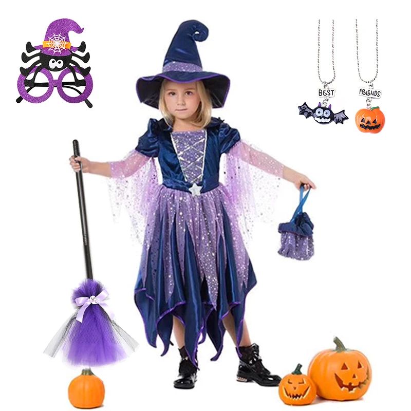 

2-14Years Halloween Children Cosplay Witch Costume + Prop Carnival Fairy Girl Role Play Masquerade Stage Performance Party Dress