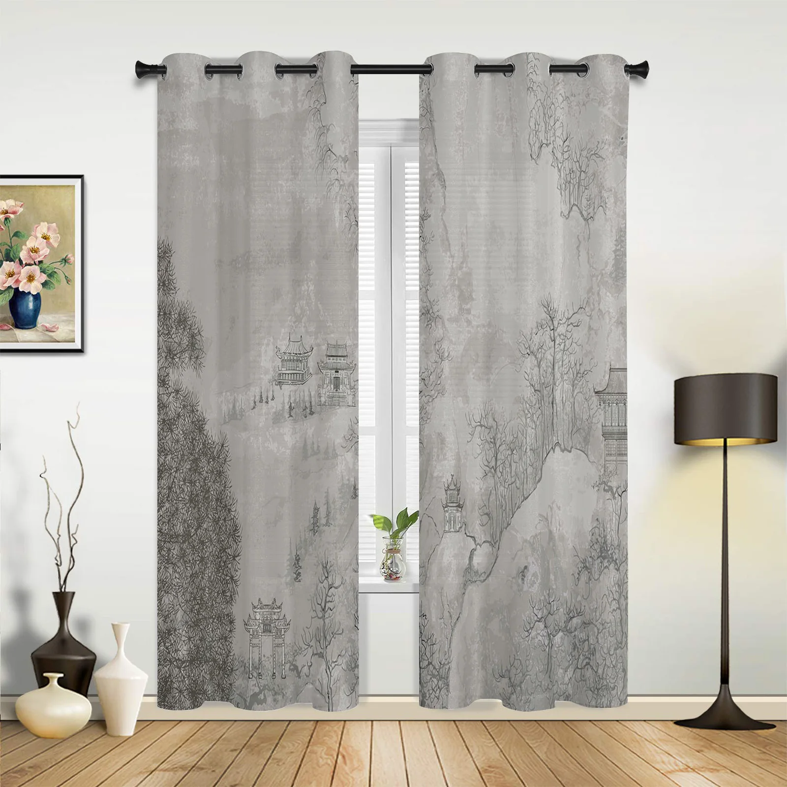 

Шторы на окна в китайском стиле с изображением древнего дома, цветов, деревьев, домашний декор, гостиная, детская комната, шторы для кухни, сп...