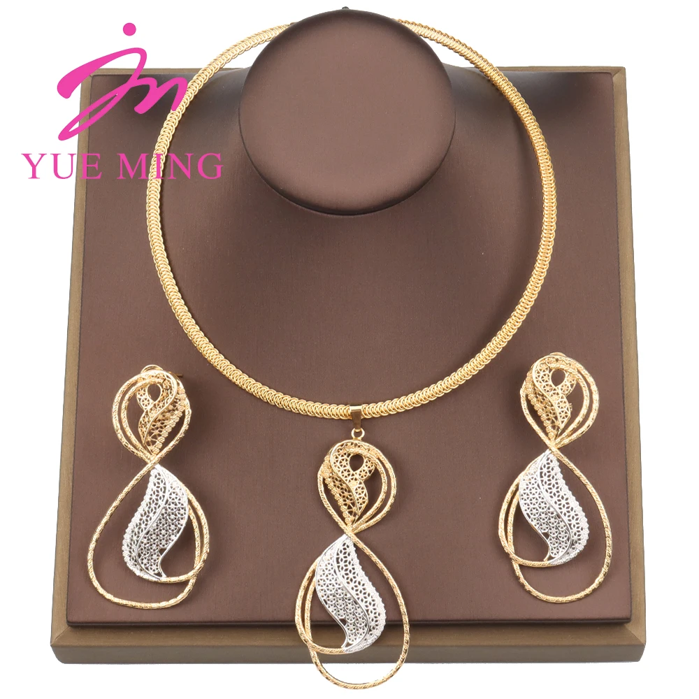 

African Jewelry Sets for Women Drop Earrings and Pendant Necklace Set Copper Gold Plated Earrings Necklace for Wedding Party