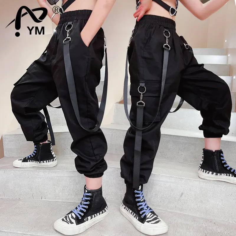 

New Black Cargo Pants for Teenage Girls Fashion Summer Streetwear Hip Hop Sweat Pants With Chain for Girls 6 8 10 12 14 Year Old