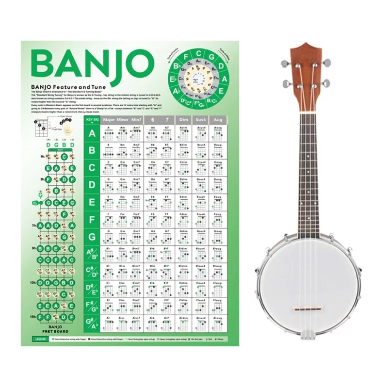 

Banjo Chord Chart Instructional Poster for Beginners Chord & Note Easy to Use