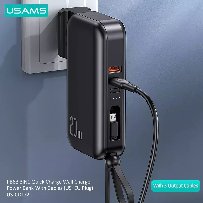 

Bank 10000mAh With 20W PD Fast Charging Powerbank 3 In 1 Wall Charger With Cables US EU Plug