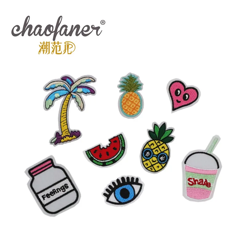 

100pcs/lot Embroidery Patches Coconut Watermelon Pineapple Milk Drink Love Eyes Clothing Decoration Iron Heat Transfer Applique