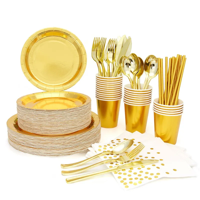 

Набор одноразовых золотых столовых приборов для вечеринки, набор золотых столовых приборов для вечерние, стаканчик для бумажных тарелок и салфеток, вилка и ложка из золота и пластика
