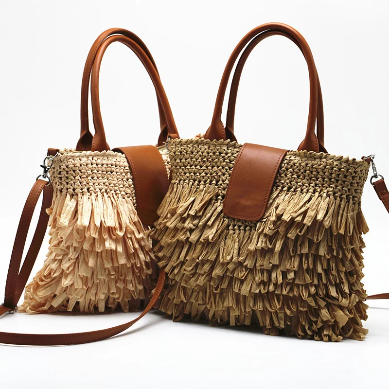 

Fashion Tassel Straw Bags Design Rattan Women Handbags Luxury Wicker Shoulder Crossbody Bag Summer Beach Large Tote Purses 2021