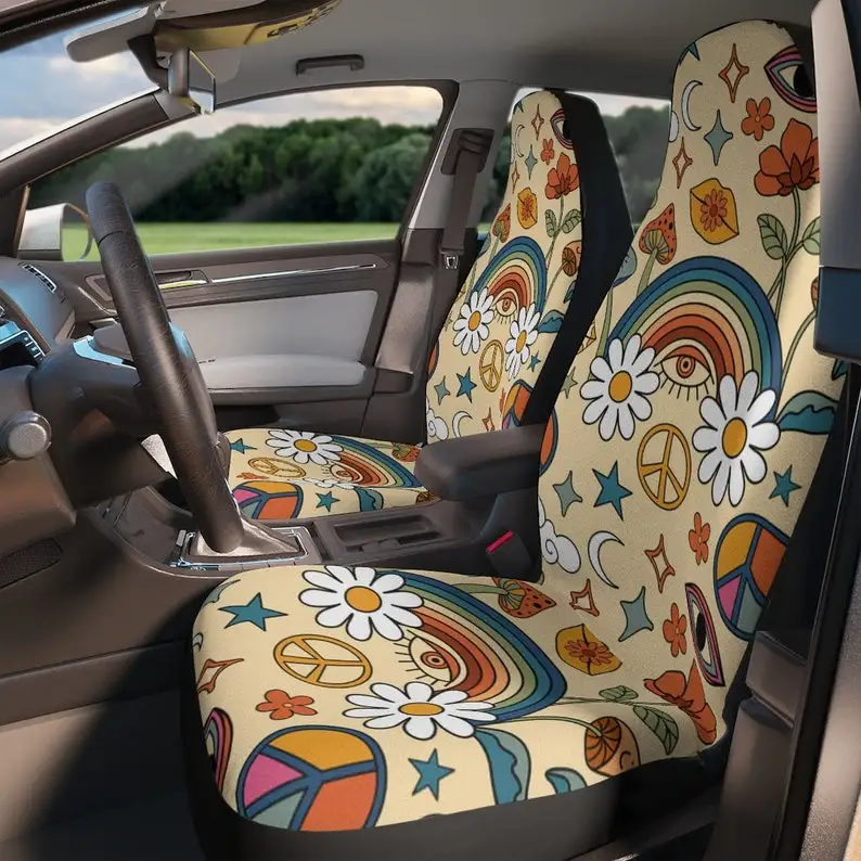 

Rainbow Peace & Love Hippie Retro Boho Car Seat Cover For Women, Universal Fit Cute Colorful Floral Front Bucket Seat Cover