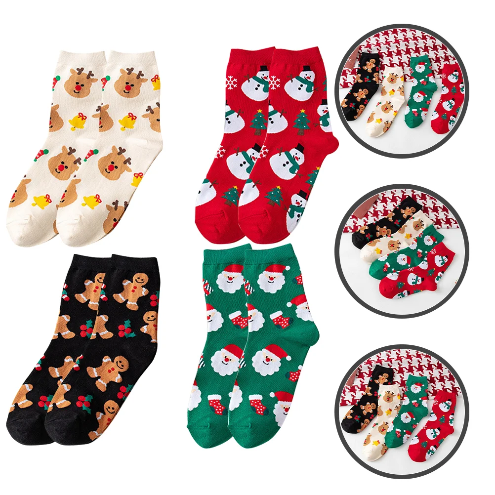 

4 пары рождественских носков, новинка, зимние теплые носки, Мультяшные красочные короткие носки, милые Клубничные