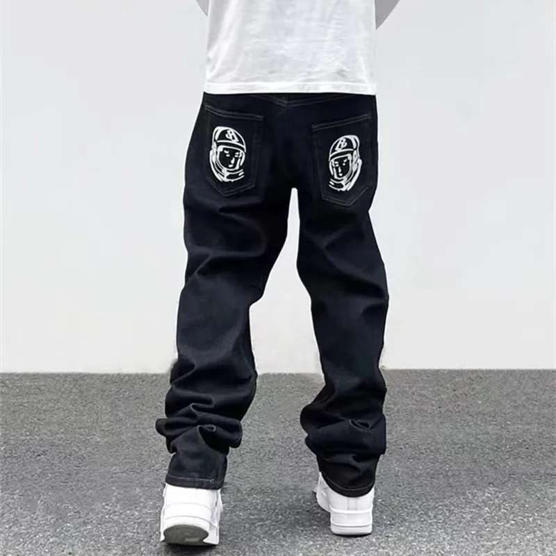 Flying Dog Print Streetwear Black Y2k Jeans Men Baggy Straight Loose Goth Denim Pants Hip Hop Casual Trousers Male Simple Basics