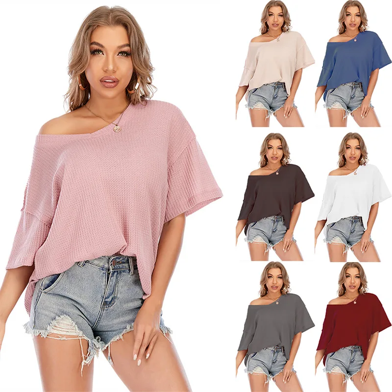 

2022 Summer New Women's Top Waffle Knitted V-Neck Loose Short Sleeve T-shirt Women