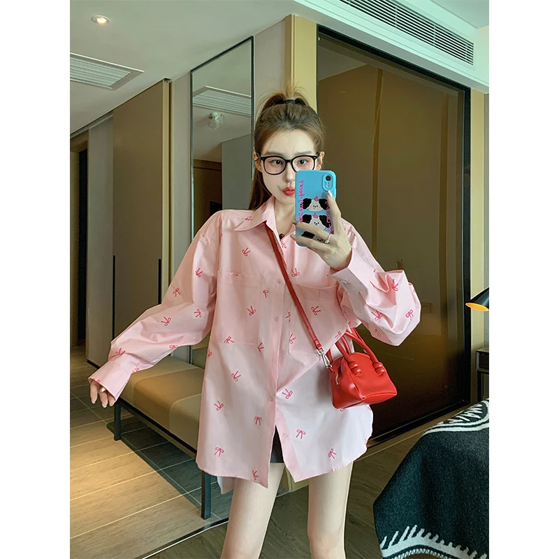 Розовые женские рубашки с бантом новинка 2024 ранняя осень дизайн корейская серия