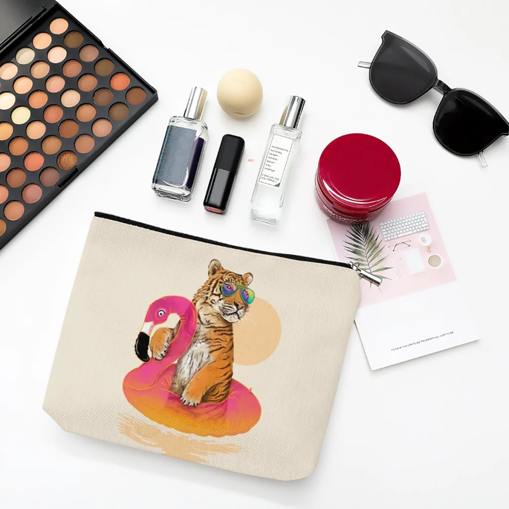 

Chillin Flamingo Tiger Linen Women Cosmetic Bag Cute Cat Makeup Pouch Lady Tote Purse Zipper Clutch Phone Purse