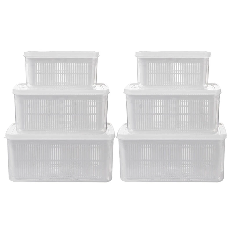 

6Pcs Rectangular Double Tier Storage Box Household Refrigerator Fruit Vegetable Sealed Crisper Drain Storage Boxes