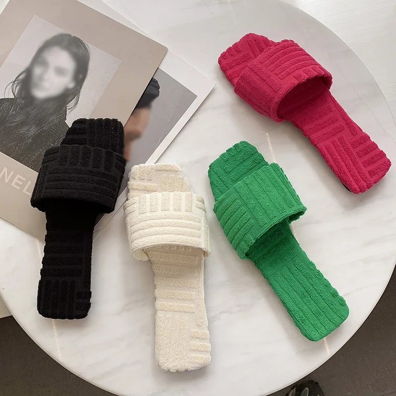 

Women's Slippers Warm Towel Pattern Candy Color 2022 New Ladies Slides Embossed Cotton Drag Home All-match Female Sandals Summer