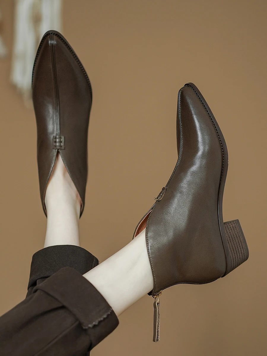 Женские ботильоны из натуральной кожи весенне-осенние ботинки с острым носком и