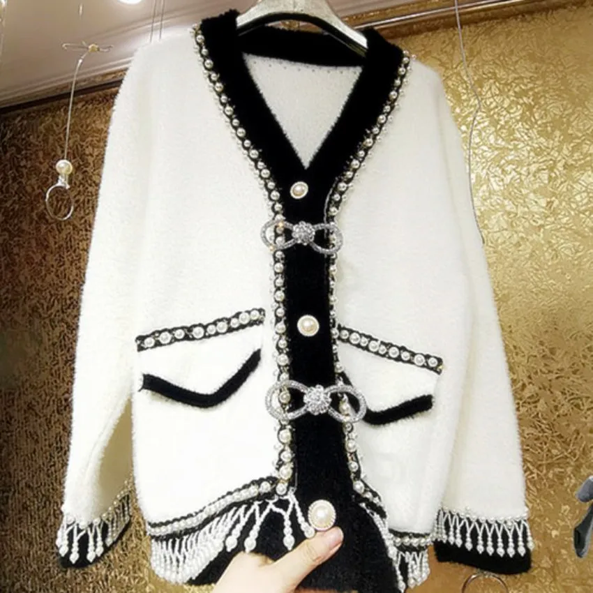 Heavy Industry Beaded Pearl Tassel Cardigan Women V-neck Autumn Winter Small Fragrant Thickened Outwear