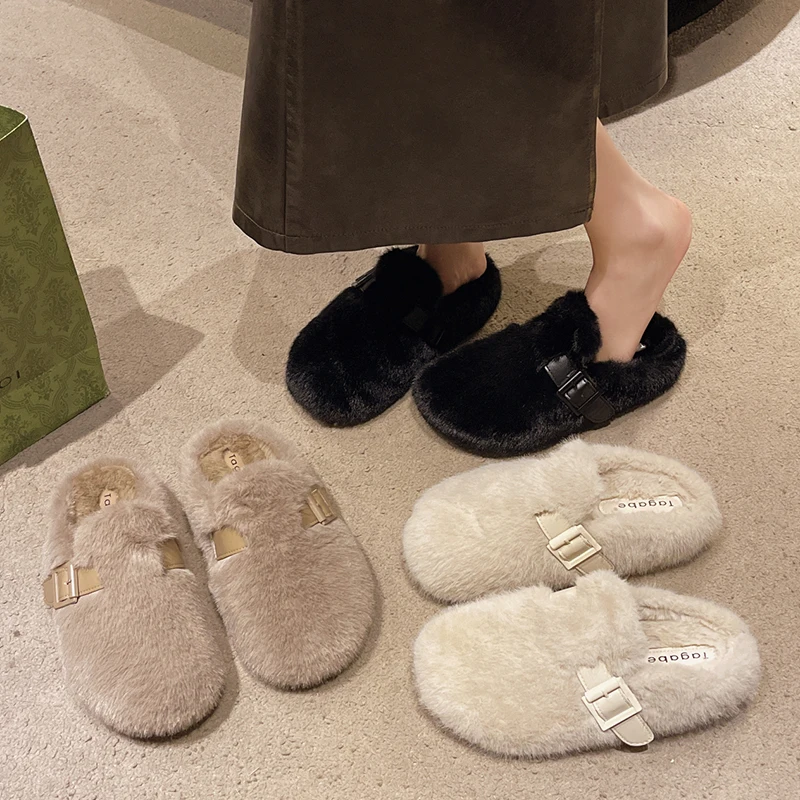 Обувь Женские тапочки Роскошные шлепанцы Меховые с закрытым носком 2024
