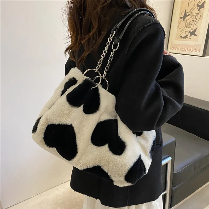 

Fluffy Casual Tote Bag Plush Shoulder Bags for Women Handbag 2022 Large Capacity Faux Fur Lady Crossbody Laptop Messenger Bags