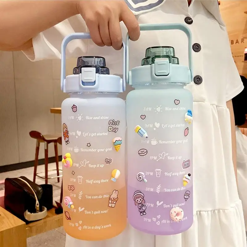 

2L Large Capacity Portable Water Bottle With Time Scale Reminder Outdoor Sports Fitness Student Couple Leak-proof Frosted Cup