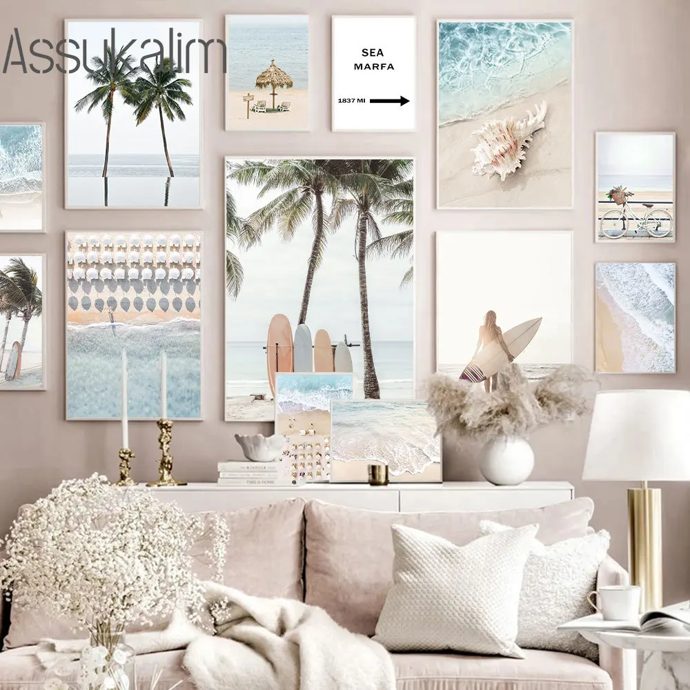 

Настенные постеры с изображением Морского Пейзажа, летняя пляжная плакатная доска для серфинга, настенное искусство, холст с кокосовым дер...