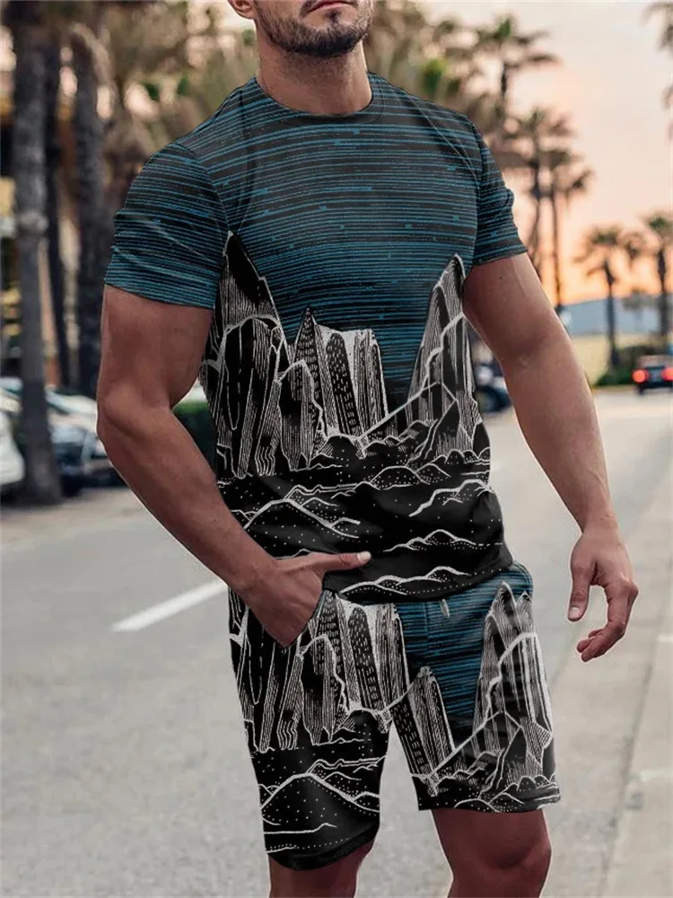 Summer Men Sports Suit Casual Short Sleeve 2-piece Set 3D Printed Fashion O Collar Street T-shirt Oversized Men Clothing Holiday