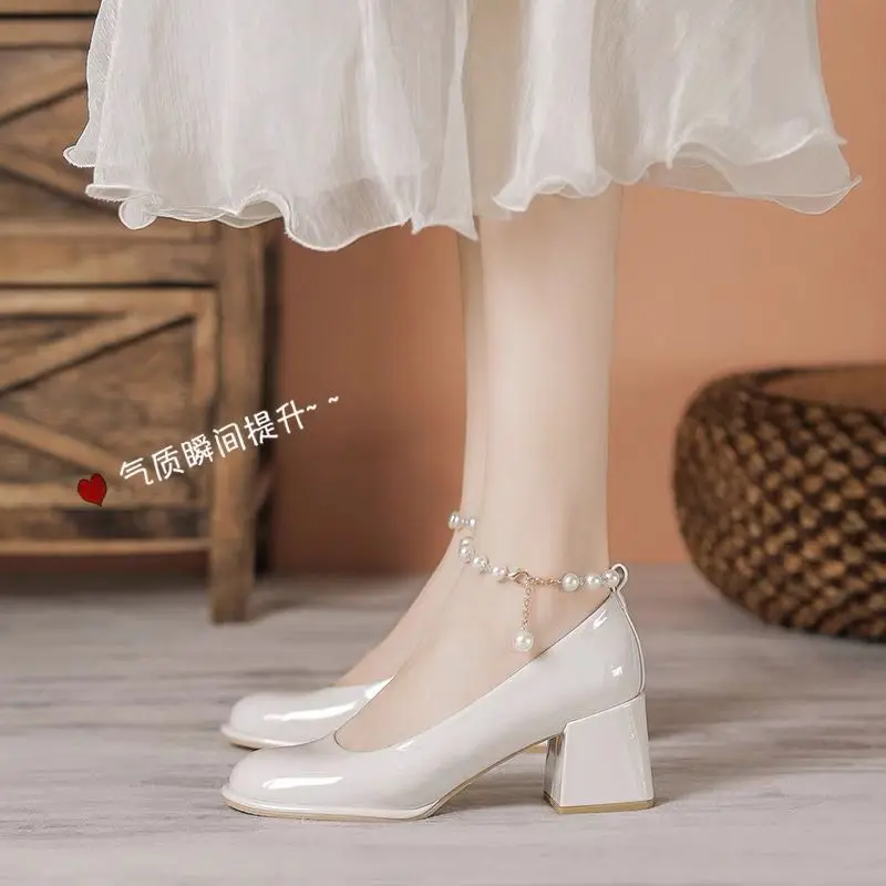 

Women Shoes 2022 New Spring Pumps Beige High Heels All-Match Mary Jane Sweet Sandals Ladies Slip on Latest Square Toe Bow Casua