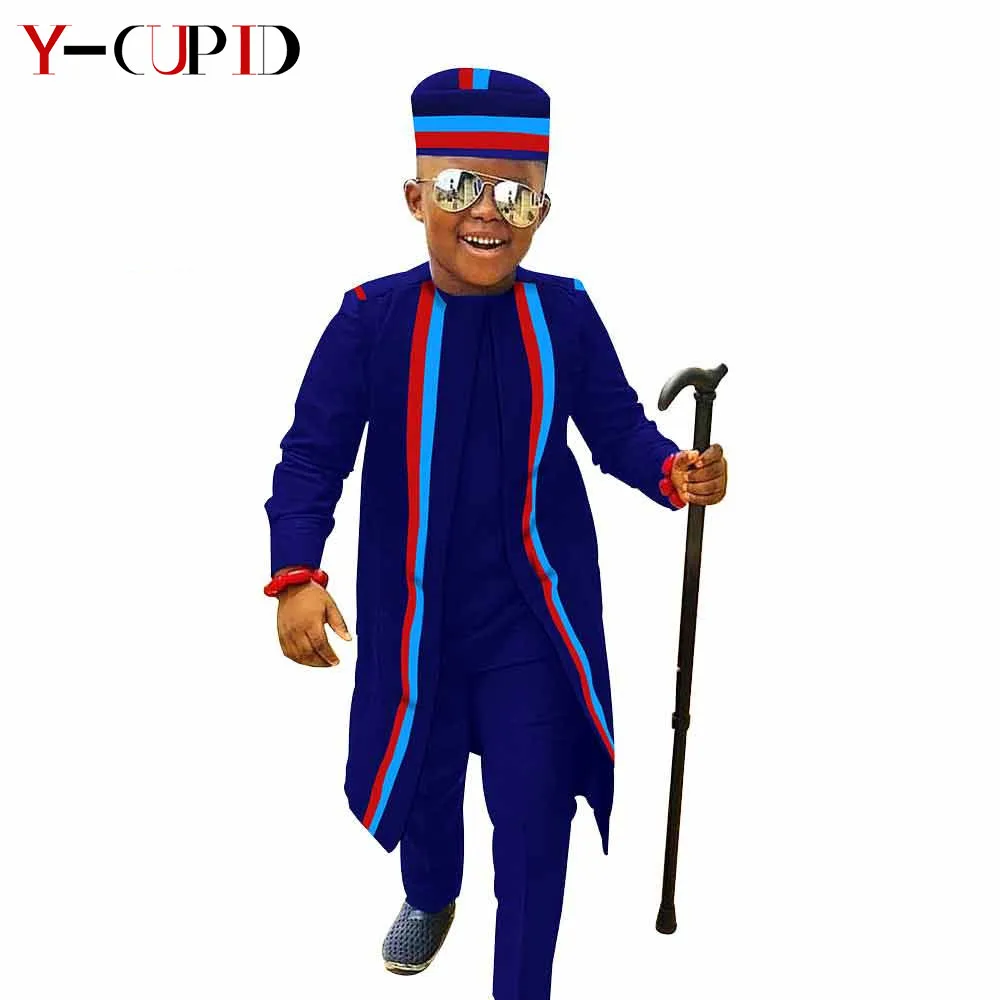 African Clothes for Kids Bazin Riche Baby Boys Outfits Wax Robes Top and Pants Hat Sets Children Clothing Party WeddingYS204018