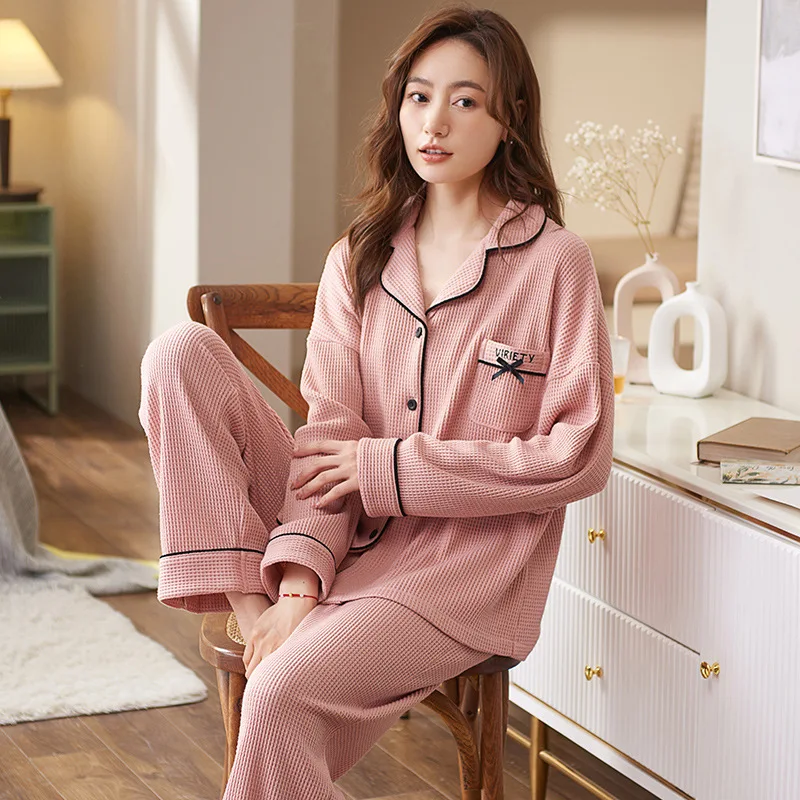 New Autumn Winter Women's Waffle Home Clothes Lapel Long-Sleeved Trousers Pajamas Set Outside Wear Suit Pijama Mujer M-3XL