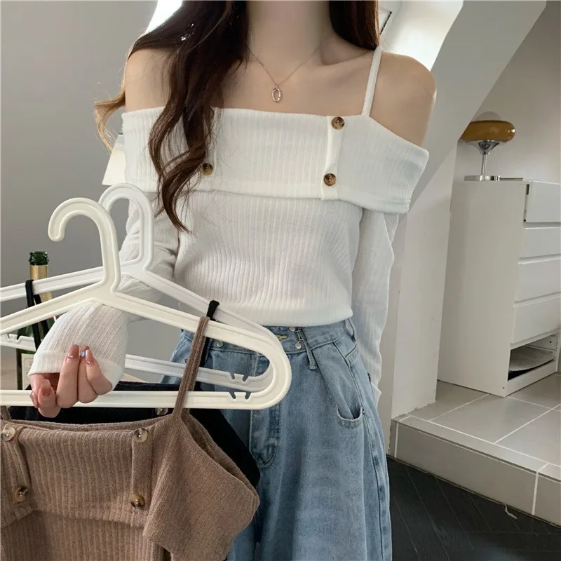

Korean Fashion T-Shirt Woman Strap Off Shoulder Solid Color Long Sleeve Knit T-shirts Female Top Women Clothing Dropshipping