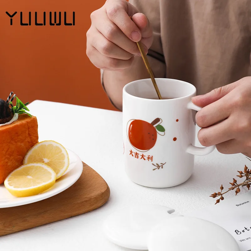 

Great Auspicious Ceramic Mug Cute Household Large-capacity Water Cup with Lid Spoon Office Coffee Cup Flower Tea Cup
