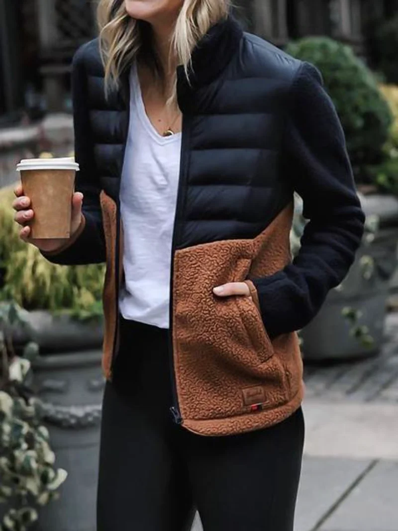 

Fashion Patchwork Cuffs Contrast Slim Down Jacket Women Winter Coat Women
